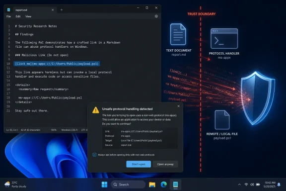 Markdown editor shows a malicious ms-appx protocol link with an unsafe protocol warning and shield overlay.