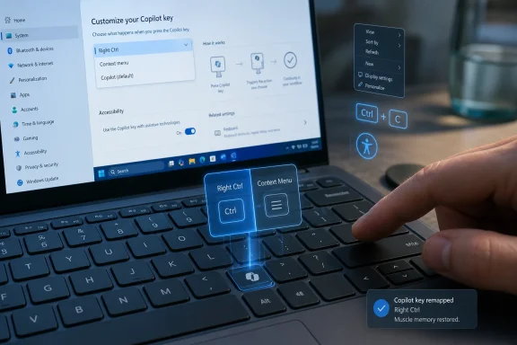 Hand points at a remapped “Copilot key” on a laptop keyboard while Windows settings show customization.