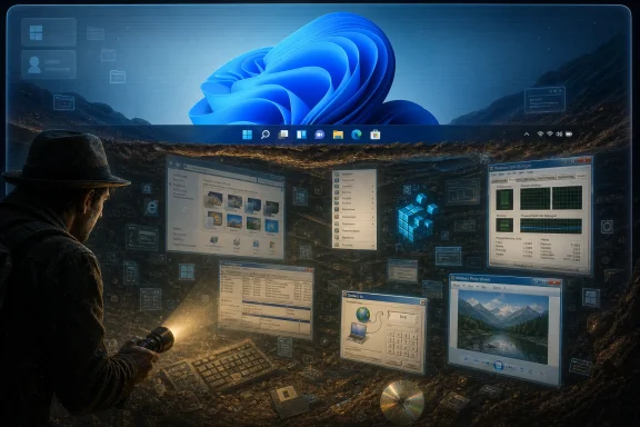 Futuristic Windows desktop holograms with a person holding a mouse against a rugged landscape backdrop.