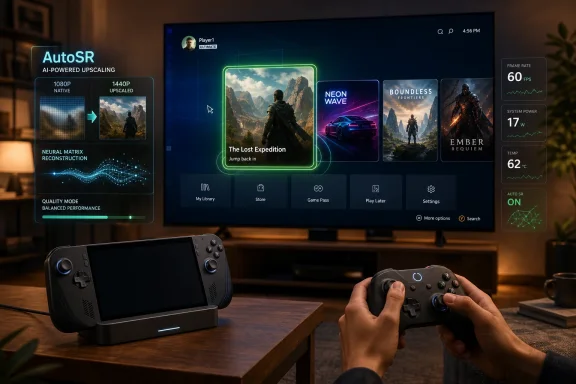 Person gaming on a TV showing AutoSR upscaling settings, with controllers on a desk in a cozy room.