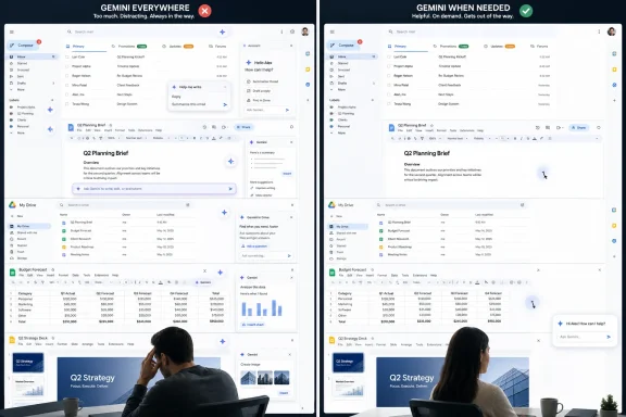 Split-screen of Gmail/Docs with Gemini AI showing “everywhere” versus “when needed” suggestions and side panels.
