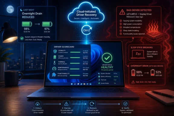 Futuristic laptop dashboard shows cloud driver recovery with bad-driver warnings and overnight power drain stats.