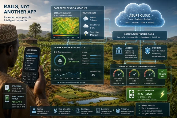 Farm-focused risk analytics dashboard shows satellite weather data and insurance payouts over a rural landscape.