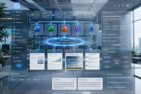 AI-powered workspace dashboard showing apps, documents, and renewable energy market analysis tools.