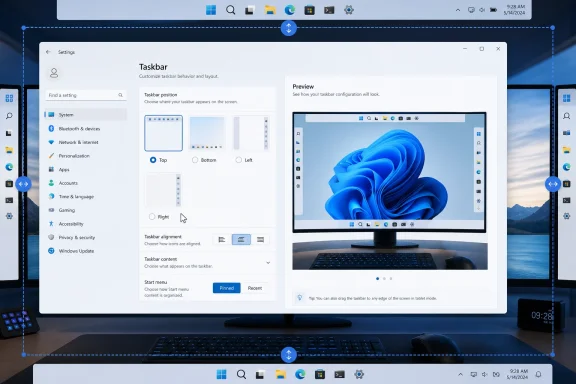 Windows 11 Taskbar settings screen preview shown on a desktop monitor with keyboard and clocks.