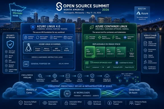 Promotional banner for the Open Source Summit North America 2026 showcasing Azure Linux 4.0 and Azure Container Linux.