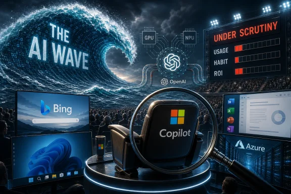 Futuristic AI “Copilot” amid cloud, GPU/NPU chips, and the “Under Scrutiny” dashboard.