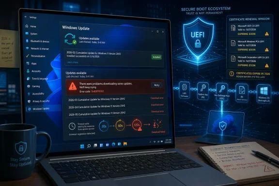 Windows Update screen shows certificate/UEFI security renewal with failing downloads and timing errors.