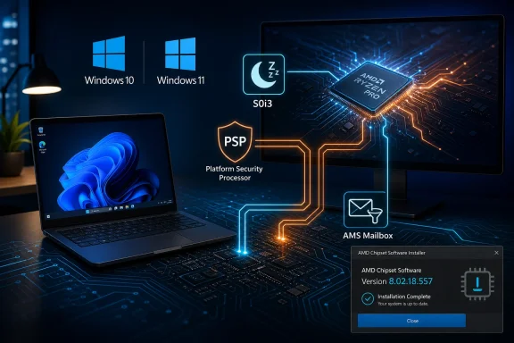 Laptop and desktop UI show Windows 10/11 with AMD Ryzen Pro, S0i3, PSP, and AMS Mailbox security icons.