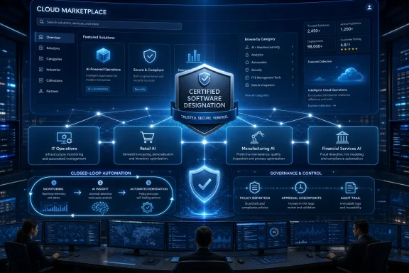 Futuristic cloud marketplace dashboard with certified software badge, security stats, and AI automation diagrams.