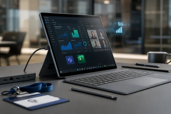 A tablet/2-in-1 displays analytics dashboards and 5G graphics alongside a keyboard in a modern office.