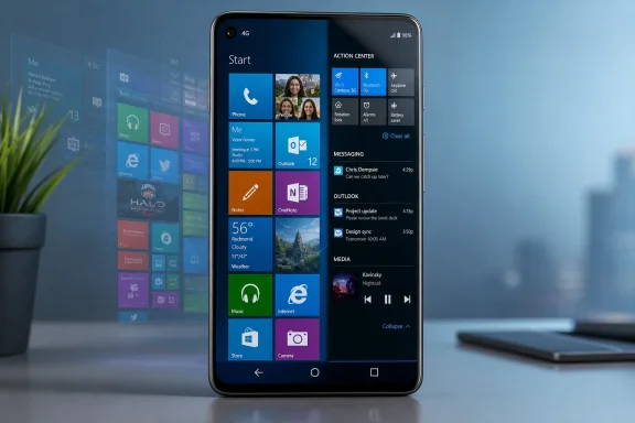 Smartphone on display showing a Windows-style Start screen with tiles and an action center.