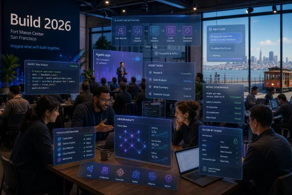 Tech conference scene with a Build 2026 presentation and holographic AI agent dashboard.