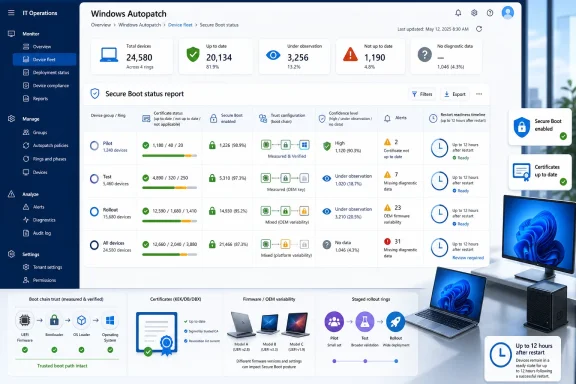 Dashboard screenshot showing Windows Autopatch secure boot status and certificate/firmware compliance metrics.