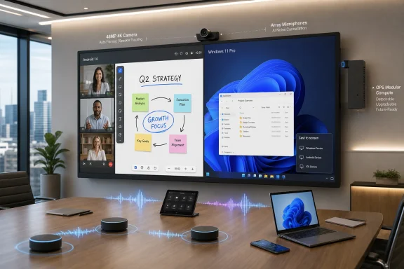 Meeting room with a large conference display showing video, strategy boards, and Windows 11, plus smart microphones.