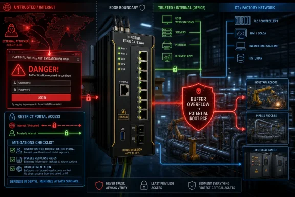 Cybersecurity diagram showing an industrial edge gateway securing an OT network against external attackers.