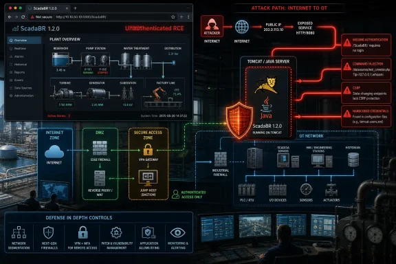 Diagram showing an unauthenticated RCE attack path targeting ScadaBR 1.2.0 from the internet to OT systems.