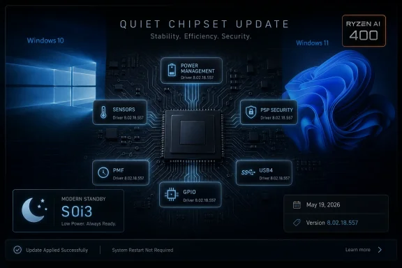 Tech update dashboard for Quiet Chipset Update showing driver version 8.02.18.557 on Windows 10/11 with Ryzen AI 400.