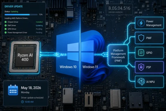 Driver update screen shows AMD Platform Drivers installing on Ryzen AI 400 across Windows 10/11.