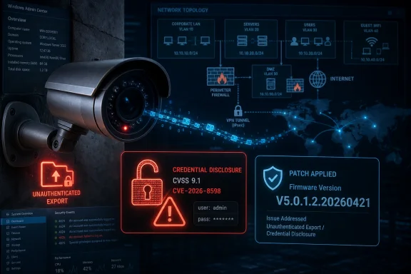 Cybersecurity dashboard shows network topology with CCTV camera, VPN, and alerts for credential disclosure and patch applied.