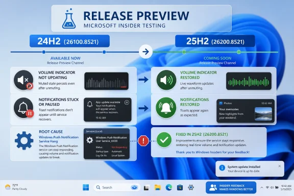 Windows 11 Release Preview update 24H2 to 25H2 shows restored volume, notifications, and fixes in an insider banner.