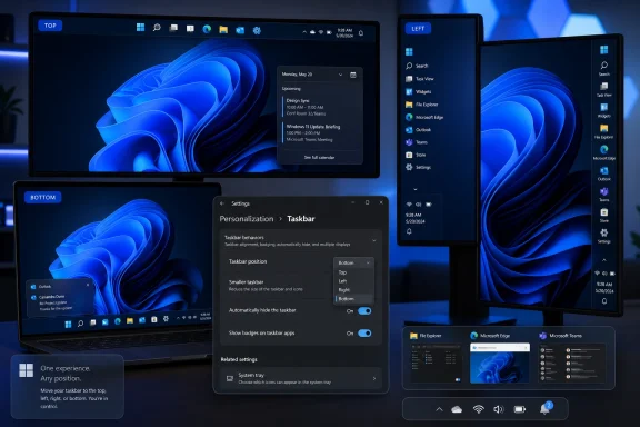 Multiple Windows 11 screens show taskbar personalization settings across desktops, laptops, and tablets.