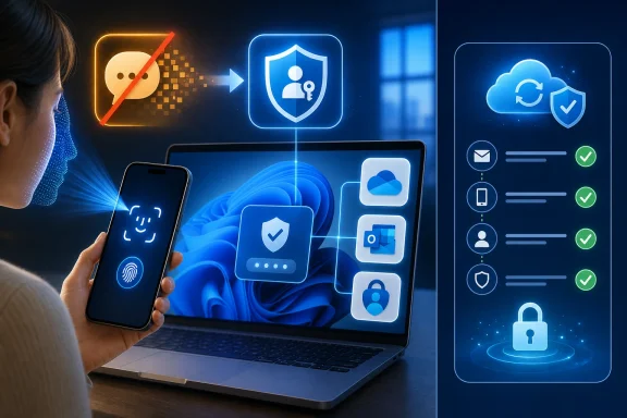 Woman holds a phone while secure cloud and shield icons show digital data protection on a laptop screen.