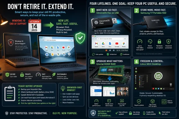 Promotional graphic advising how to extend an old PC’s life with secure, fast upgrades and Linux/SSD/RAM options.