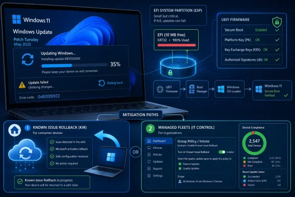 Windows 11 update in progress on a laptop with secure boot/UEFI status and mitigation rollback paths shown.