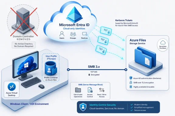 Diagram shows Microsoft Entra ID cloud identities enabling Kerberos and secure SMB access to Azure Files.