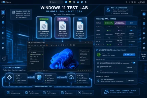 Windows 11 Test Lab dashboard showing May 2026 Insider ISO channels, features, and servicing options.