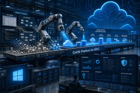 AI robots and cloud tech imagery power a high-tech data center with monitoring dashboards and blockchain branding.