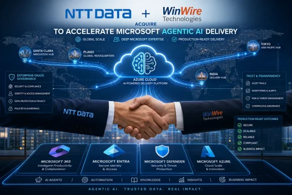NTT Data and WinWire handshake over a global AI cloud network, showcasing Microsoft agentic AI delivery.