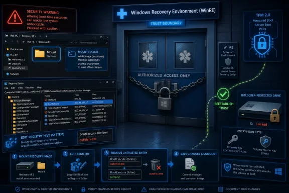 Diagram of Windows Recovery Environment (WinRE) with secure boot trust boundary, encryption, and a locked BitLocker drive.