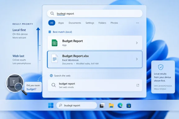 Search results window showing “budget report” with local-first priority on a Windows-style desktop.