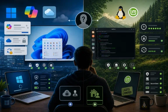Person at desk with dual monitors showing Windows, Linux, security and system status icons.