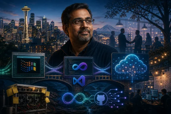 Tech-focused man in a city at dusk, surrounded by glowing cloud, code, and networking displays.
