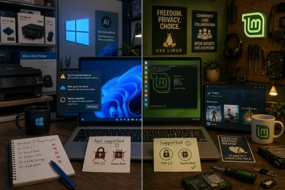 Split-screen shows Windows PC vs Linux setup with compatibility notes, code community posters, and “lm” mug.