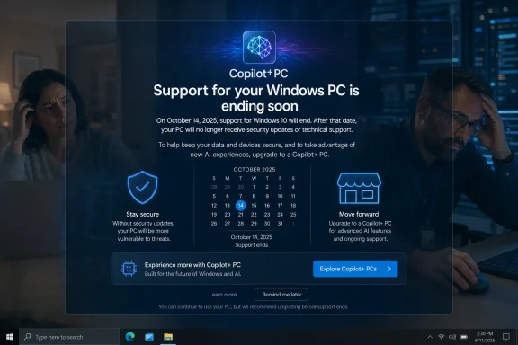 Copilot+ PC banner warns Windows 10 support ends soon, with upgrade prompts and security icons.