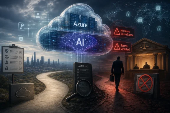 Surveillance and AI cloud overlays warn of Azure security risks as a man walks past a courtroom.