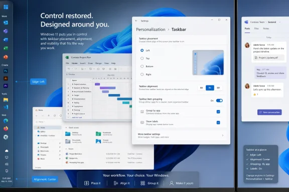 Windows 11 desktop mockup showing Taskbar settings with left alignment and open apps.