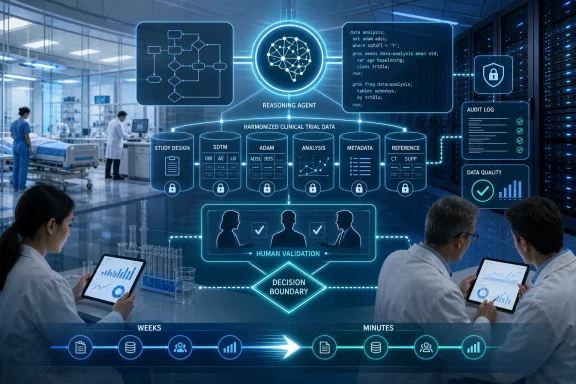 Researchers monitor harmonized clinical trial data on screens with AI reasoning and audit dashboards in a lab.