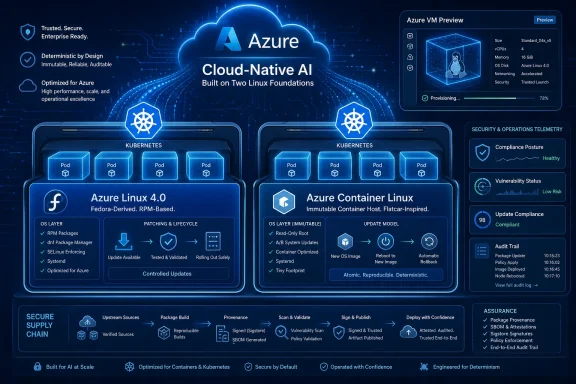 Azure Cloud-Native AI architecture graphic featuring Kubernetes, Linux 4.0, and Container Linux details.