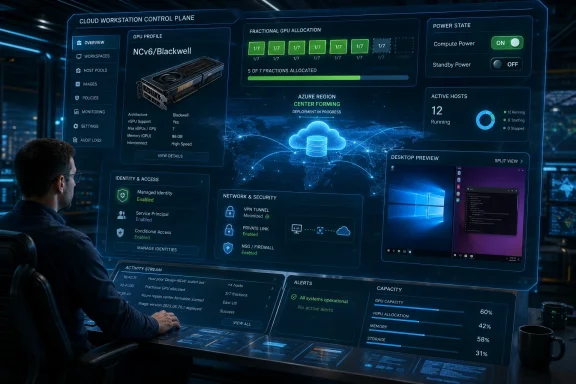 Man monitors a futuristic cloud workstation control dashboard showing GPU allocation, power state, and active hosts.