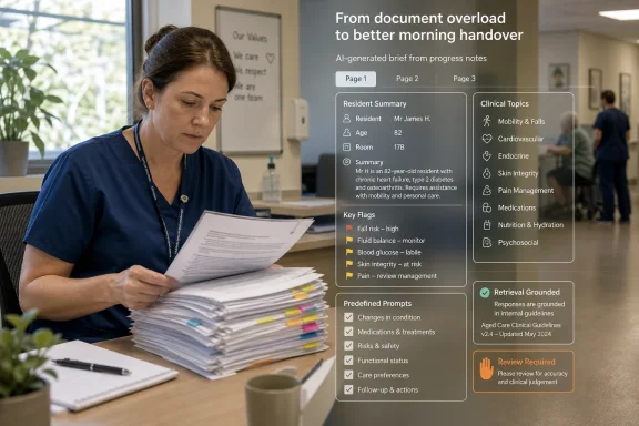 A nurse reviews paper charts while an AI tool displays a resident summary and clinical handover prompts.