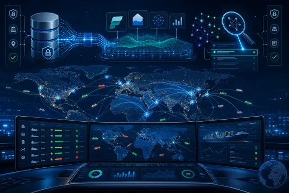Futuristic global shipping network with holographic map, data icons, and server-cloud infrastructure.
