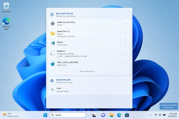 Windows 11 search results window showing “Best match (local)” for local files and settings.