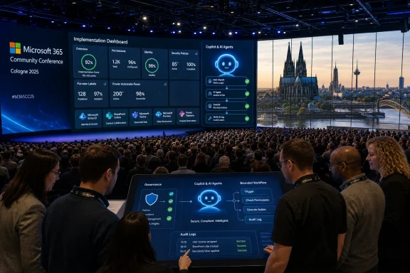 Crowd watching a Microsoft 365 conference stage with a dashboard and Copilot AI agents presentation.