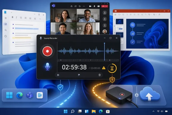 A desktop shows a Sound Recorder window with waveform and timer over video-call and file apps.