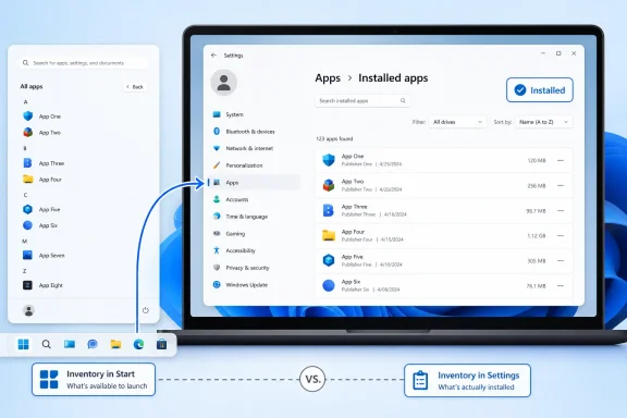 Illustration of Windows settings showing “Apps > Installed apps” with a list of installed programs and filters.